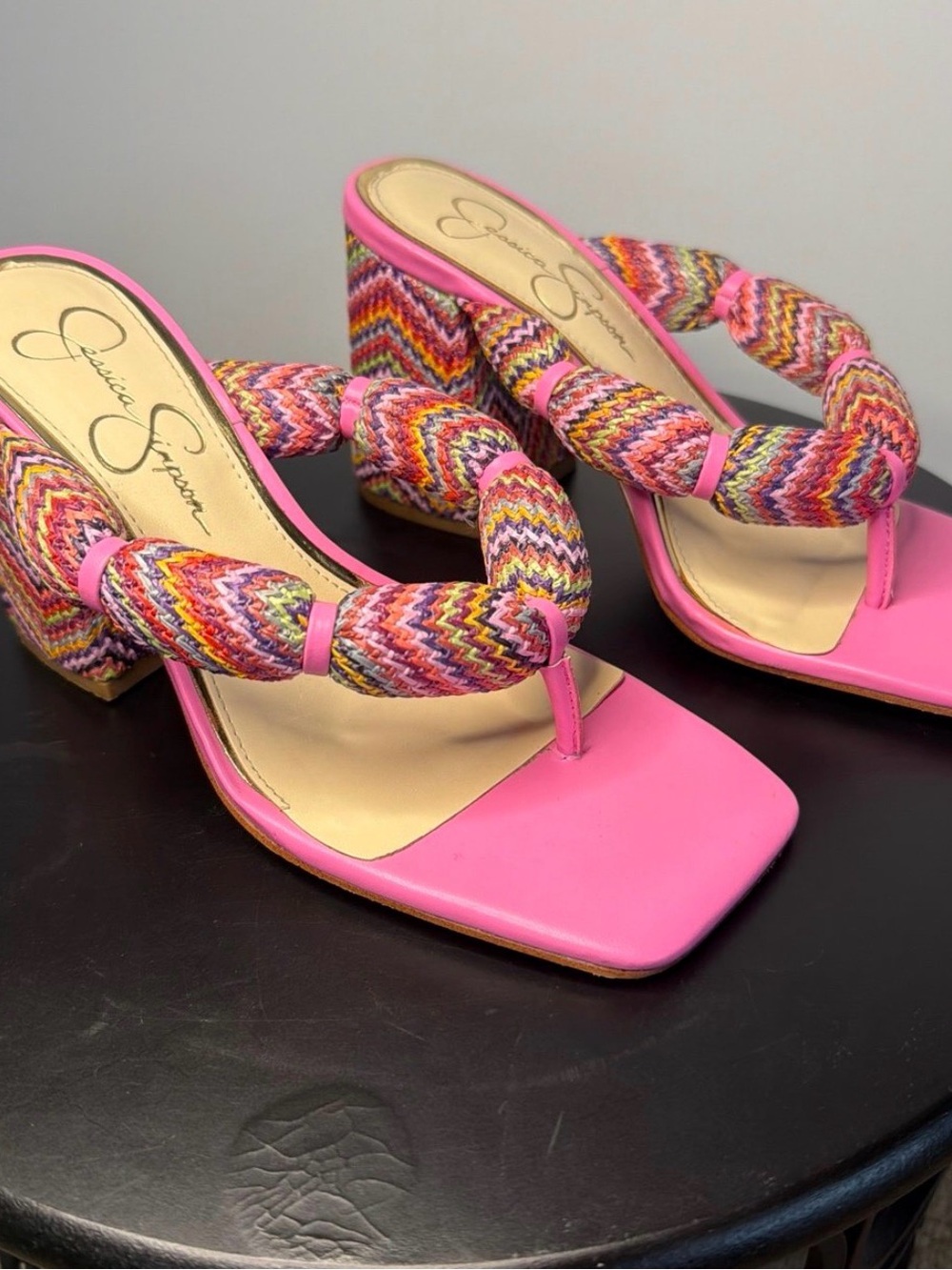 Jessica Simpson Pink Multi-Color Braided Block Heel Sandals size 7